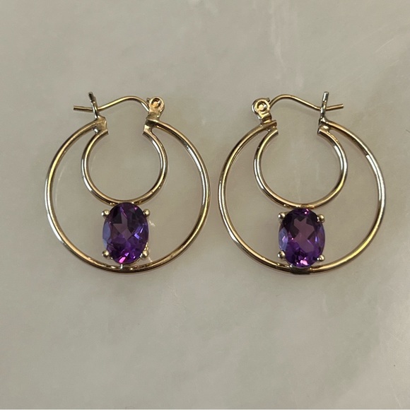 14k Solid Gold Amethyst Double Hoop  Earrings - Picture 2 of 15
